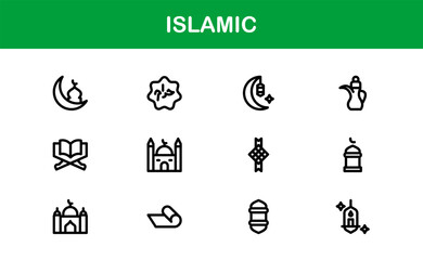 Islamic Icon Set in Minimal Vector Style with Mosque, Quran, Prayer, and Moon Elements for Cultural Projects