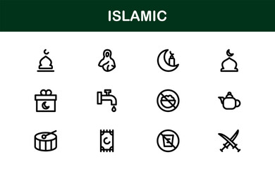 Islamic Icon Set in Minimal Vector Style with Mosque, Quran, Prayer, and Moon Elements for Cultural Projects