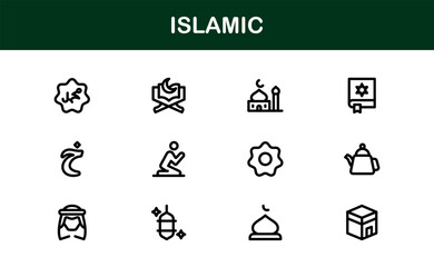 Islamic Icon Set in Minimal Vector Style with Mosque, Quran, Prayer, and Moon Elements for Cultural Projects