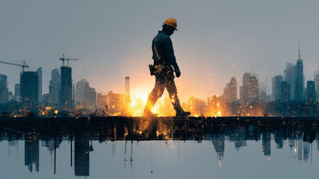 Double exposure of a construction worker walking against a backdrop of a glowing skyline