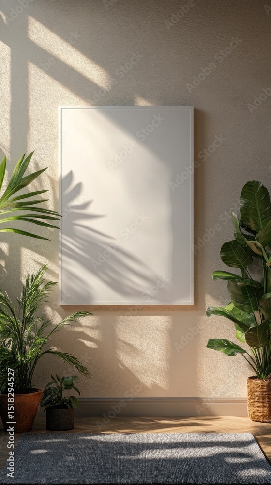 Aufkleber Sunlight filters through large windows, casting shadows on a blank canvas in a minimalist room filled with vibrant indoor plants, creating a serene atmosphere