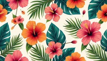 Seamless tropical floral pattern design. Hibiscus flowers, palm leaves, exotic plants on white background. Summer nature art, jungle spring texture, bright colourful wallpaper for fashion prints,