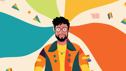 Happy Queer Guy with Pride Outfit and Glasses Celebrating LGBTQ Identity in Color Burst