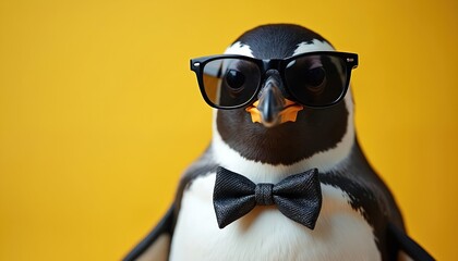 Cool penguin wearing sunglasses, bow tie in front of yellow background. Funny animal bird with accessories. Trendy, stylish, fashionable, geeky design for business card, poster advertising, social