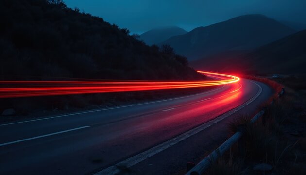 Long exposure shot captures curving road at night with red car light streaks. Nightscape of highway, showing car trail with dynamic lights. Night time travel.