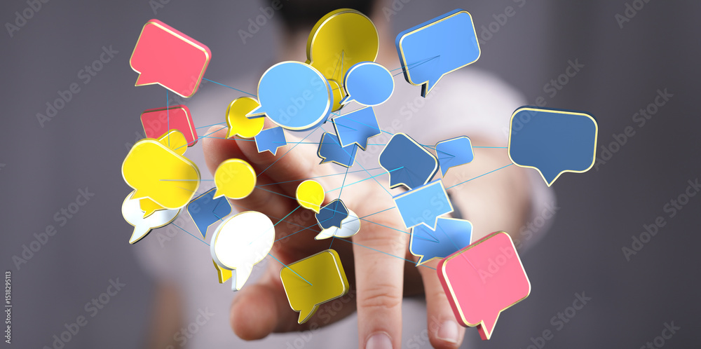 Poster abstract image of interconnected speech bubbles, symbolizing communication, networking, and collabor