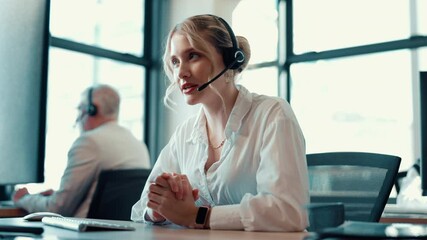 Talking, call center and business woman on computer for sales, lead generation or coworking. Customer service, telemarketing or consultant with headset for outbound marketing, feedback or contact us