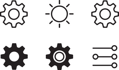 Six modern black and white vector icons representing settings configuration and customization options