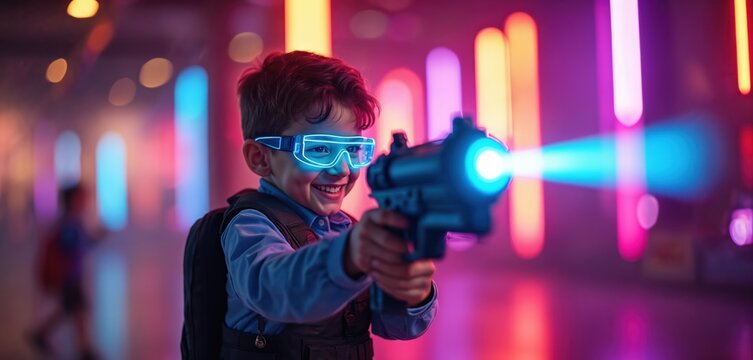Joyful boy plays laser tag game with neon glasses and gun. Futuristic laser weapon shoots blue beam. Child having fun in game entertainment center. Active leisure in gaming room.