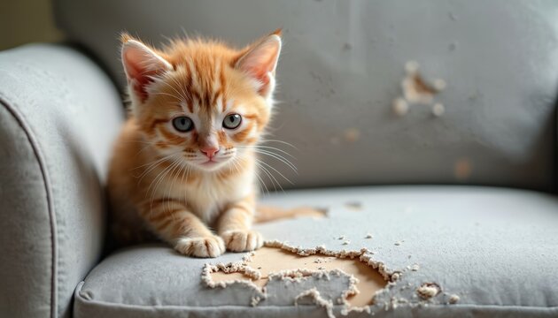 Ginger kitten sits near damaged sofa. Tabby cat looks at camera, torn upholstery, damaged furniture. Mischievous pet, guilty face of naughty animal. Domestic cat is cute and adorable.