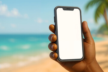 Mano sosteniendo un smartphone con pantalla en blanco en una playa tropical, ideal para contenido digital y plantillas.