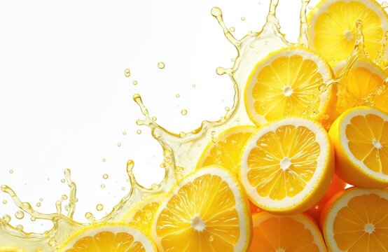 Fresh lemon slices splash. Juicy fruit lemonade ingredients in action. Summer refreshment, healthy, vitamin rich drink. Citrus fruit slices splash on white background. Isolated cocktail.