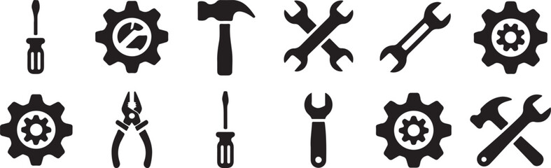 Vector illustrations of various workshop tools arranged neatly in a horizontal row.