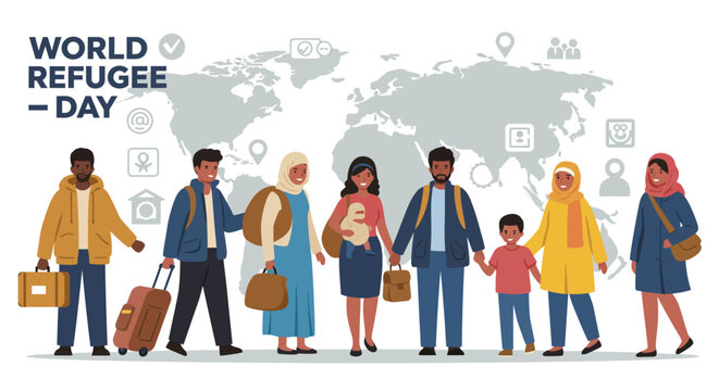 World Refugee Day Illustration with Diverse Families and World Map Background - Powered by Adobe