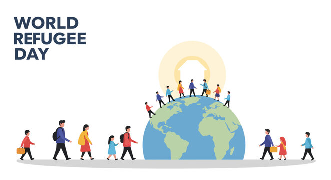 World Refugee Day illustration of people seeking shelter and global migration - Powered by Adobe