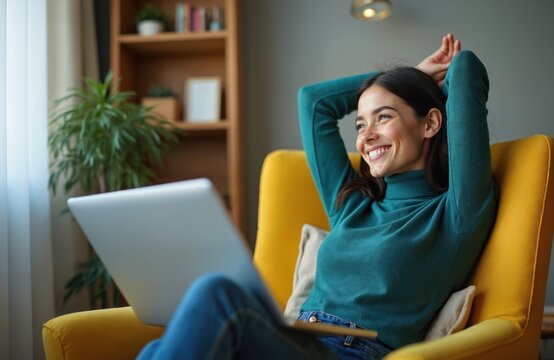 Young smiling woman freelancer relaxing after work at home. Happy female sits in chair with laptop and looks out window dreaming. Peaceful home office, remote job, well-being.