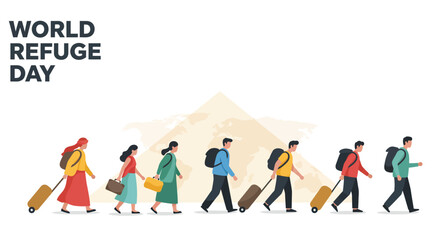 World Refugee Day Illustration with People Walking and World Map Background