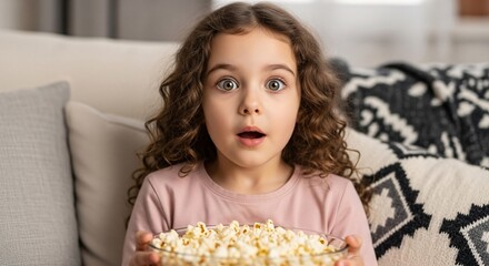 Surprised little girl eating popcorn on the couch