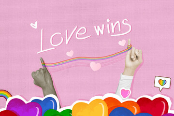 LGBTQ love wins concept with rainbow string connecting diverse hands on pink background