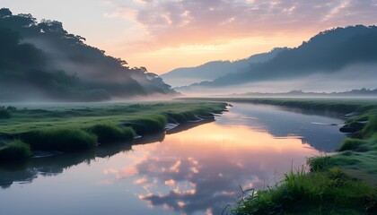 A tranquil bay surrounded by forested hills with the rising sun casting soft light over still water and a few low clouds glowing gently in the early sky