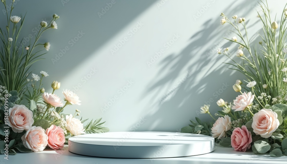 Aufkleber empty studio podium with floral decor. display platform for product promotion or presentation. paste
