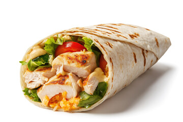 Grilled chicken wrap filled with fresh vegetables and creamy sauce in a soft tortilla isolated on white