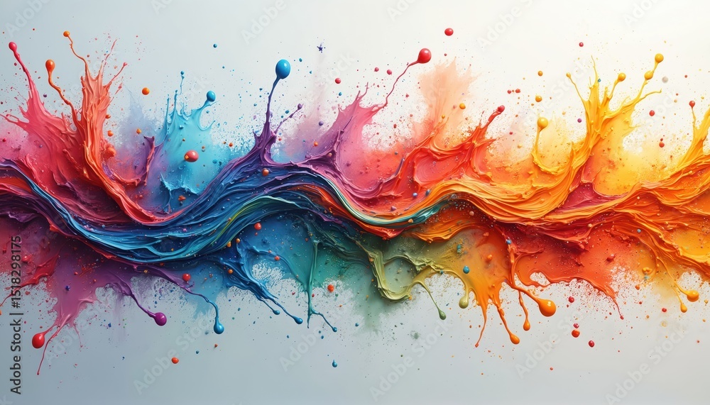 Poster Conceptual art paint splash frozen in time representing a musical note visual symphony. Dynamic colourful ink drops on white background. Multicolor fluid. Abstract design. Artistic expression.