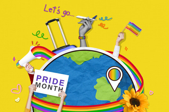 Pride month travel concept with rainbow ribbon around the globe, diverse hands and LGBTQ support symbols