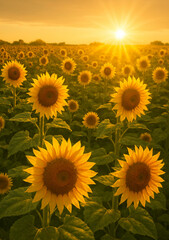 Obraz premium Golden Sunset Over a Field of Sunflowers..