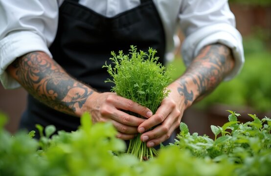 Male chef with tattoos picks fresh herbs from restaurant garden. Man harvests organic greenery for culinary creations. Kitchen garden fresh ingredients for fine dining dishes.
