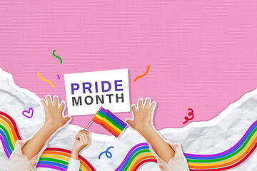 Pride month celebration with raised hands, rainbow flag and colorful background