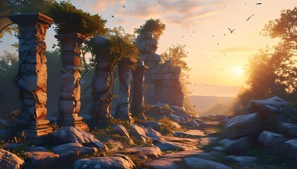 Old stone ruins partially overgrown by nature bathed in a warm peaceful sunrise light with trees and vines framing the view and birds in the distant sky