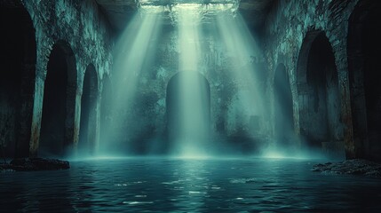 Obraz premium Dark atmospheric scene with a shadowy silhouette, blue mist and fog, soft rippling water surface reflecting ethereal light beams