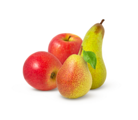 Two apples and two pears isolated. Green pear and red apple with leaf.