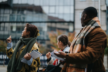 A diverse group of people collaborating and sharing ideas in an urban outdoor setting, combining teamwork, analysis, and creative problem-solving to strategize innovative solutions.