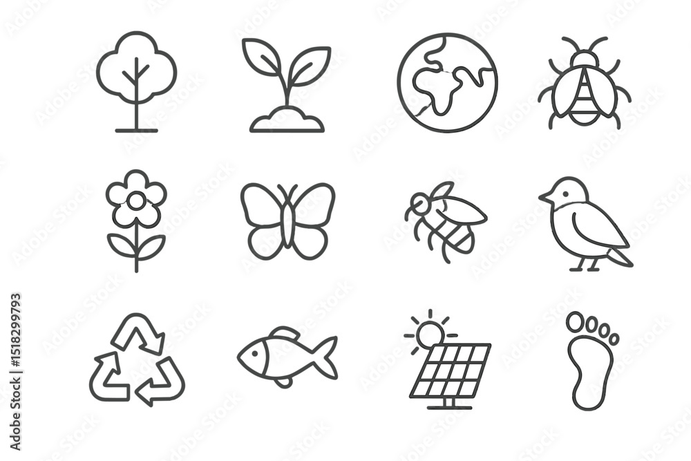 Poster Nature inspired icons representing ecological concepts and the environment in a simple design style