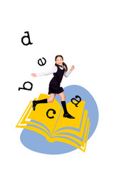 Zine image 3d poster collage of happy schoolgirl run open book letters glossary encyclopedia...