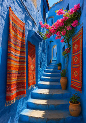 Vibrant Blue Alleyway with Traditional Carpets in Chefchaouen, Morocco..