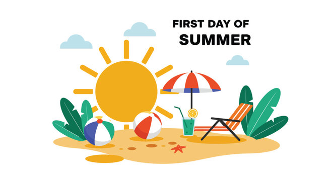 Colorful Illustration of First Day of Summer at the Beach