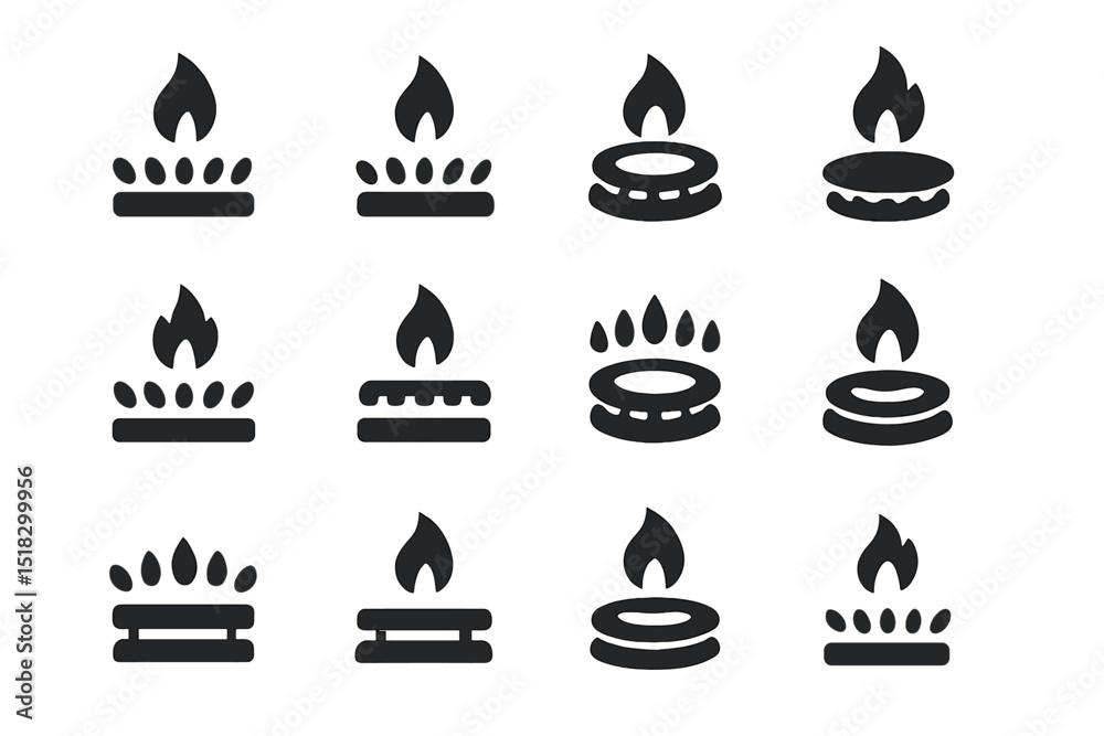 Poster stylized black and white icons of different gas burners and flames arranged in a grid pattern