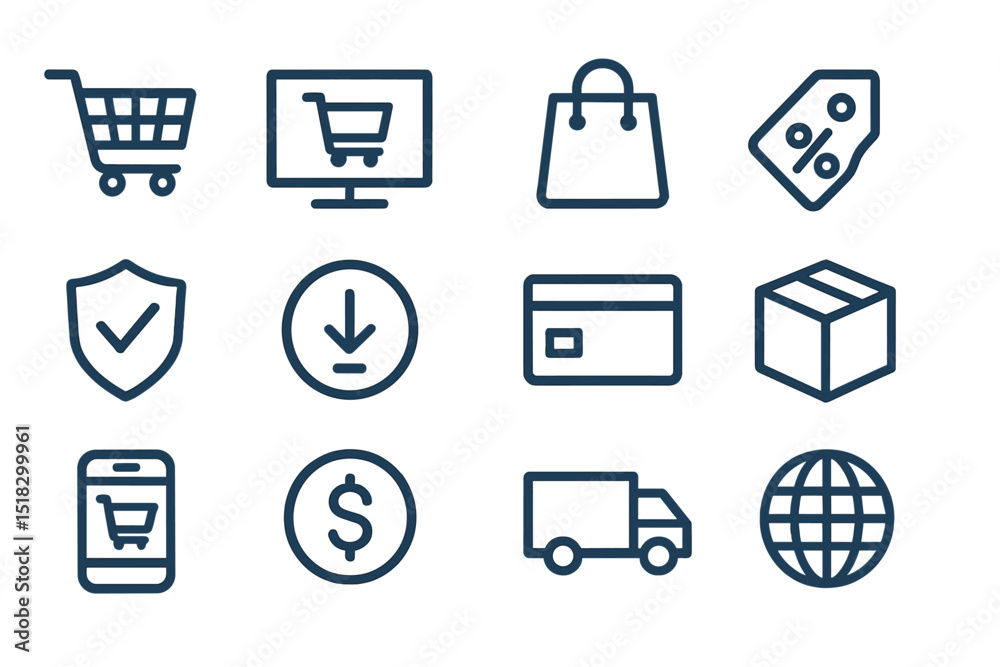Aufkleber Shopping icons representing online purchases and transactions on a simple background in a modern design
