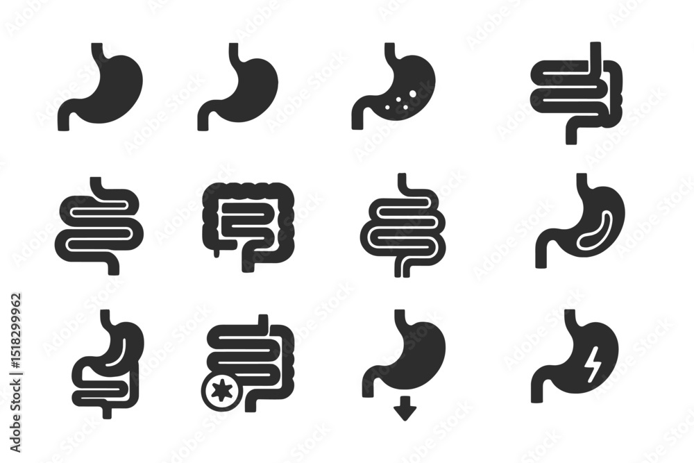 Aufkleber Various simple black icons representing human digestive system elements and functions arranged in a grid format