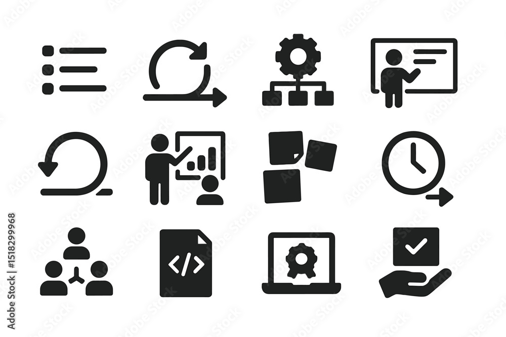 Poster visual representation of teamwork, project management, and technology concepts in a corporate enviro