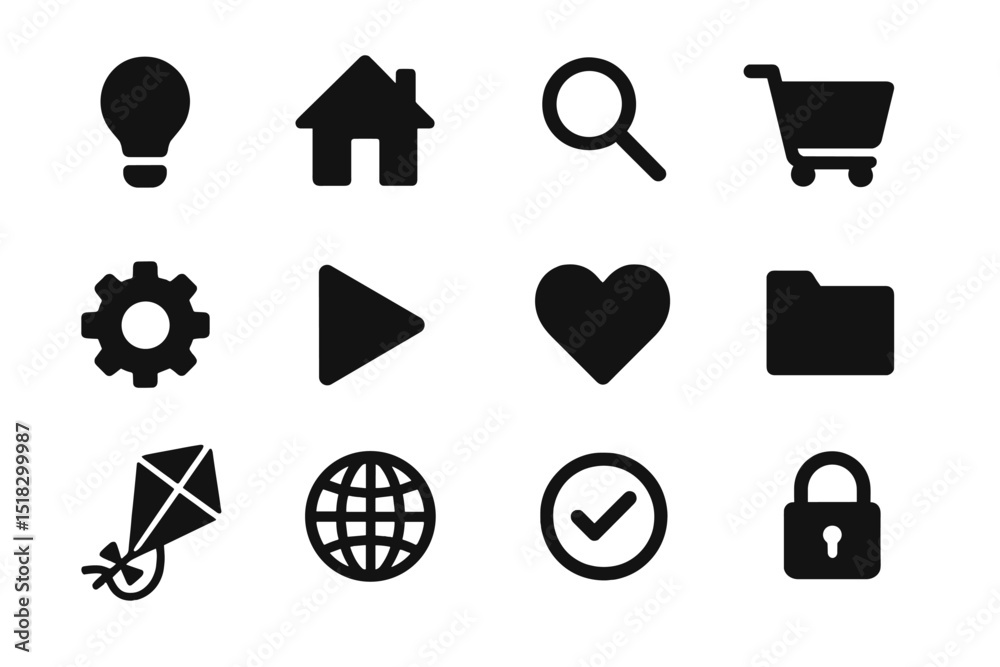 Poster Various black icons representing common activities and concepts including adventure, navigation, and shopping arranged in a grid format