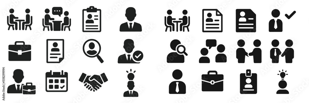 Poster business meeting and recruitment activities depicted through various icons representing teamwork and
