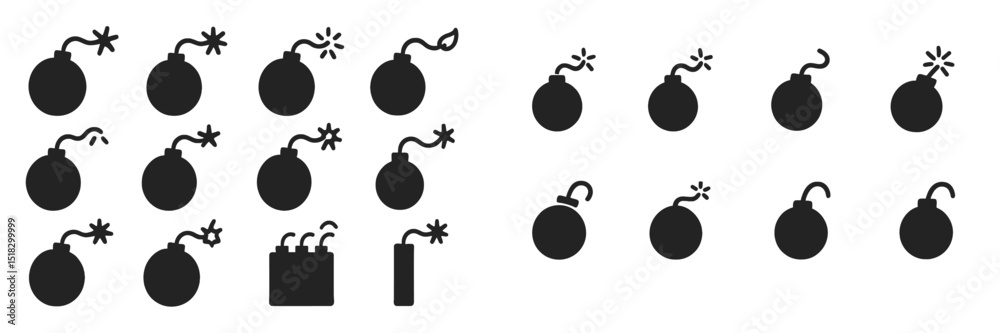 Aufkleber collection of black bomb icons depicting various types and styles on a white background for graphic 