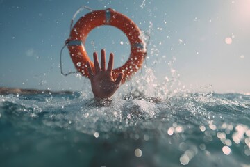 Drowning person with raised hand reaching for a life buoy in blue water, a person is drowning in the ocean and reaching for a life preserver