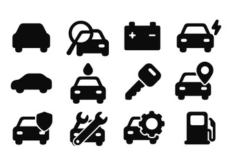 Car maintenance and service symbols showing important aspects of vehicle care and functionality