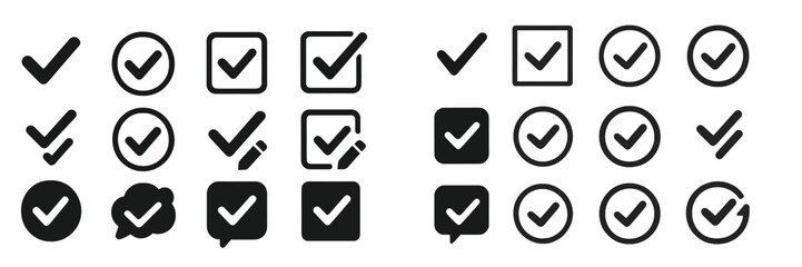 Variety of check mark symbols displayed in different shapes and styles on a simple background