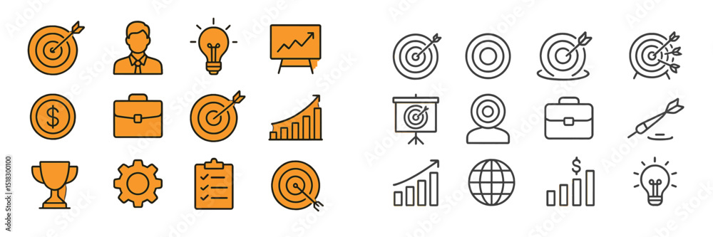 Poster Visual representation of business concepts featuring targets, growth metrics, and teamwork icons in a modern design style